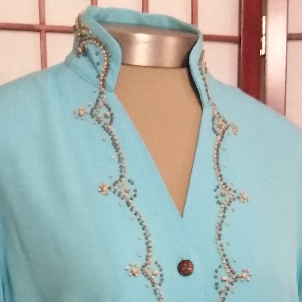 3/$15 CLOSET CLOSING TURQUOISE BEADED BLOUSE - Picture 3 of 7